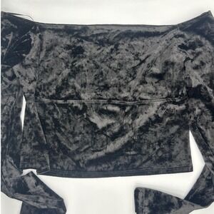 Black Crushed Velvet Bardot Off Shoulder Long Sleeve Cropped Top Womens Size 8
